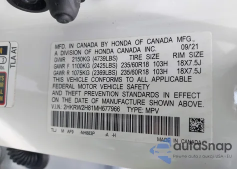 2021 Honda Cr-V Awd Ex-L z USA, uszkodzony, nr VIN 2HKRW2H81MH677966
